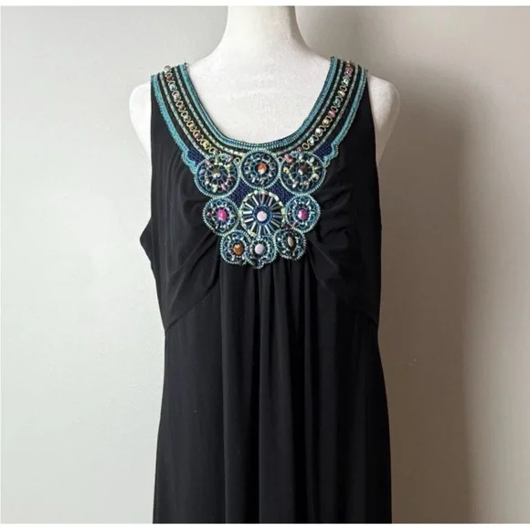 SOLD Dressbarn Maxi Dress Size 14 Sleeveless Black Beaded Embroidered Scoop Neck - Picture 3 of 6